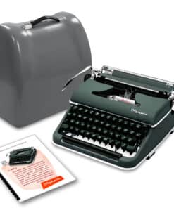 Vintage Olympia De Luxe typewriter with green body, open to keys, next to a gray carrying case and instruction sheets nearby.