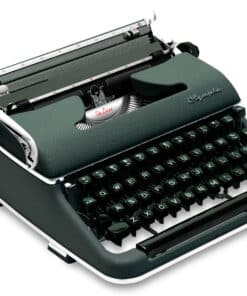 Green vintage Olympia typewriter with exposed ribbon and typebars, close-up of keyboard and carriage