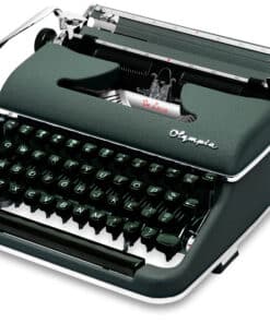 Vintage Olympia typewriter with green keys, angled photo showing typing area and carriage return lever.