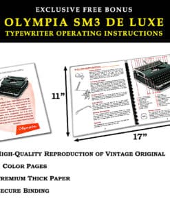 Advertisement image for Olympia SM3 De Luxe typewriter instructions showing a small booklet and an opened instruction spread; dimensions 11 by 17 inches; bullet list highlights include high-quality reproduction, 8 color pages, premium thick paper, and secure binding.