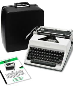 Portable black Olympia typewriter with open keyboard and visible typebars beside a black leather case and instruction sheets.