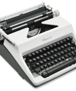 Close-up of a vintage typewriter with its keys and carriage visible on a light background.