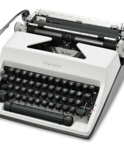 Vintage manual typewriter with white casing and black keys, showing the carriage and ruler on top.