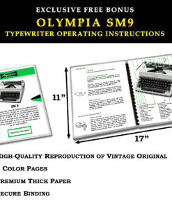 Product advertisement collage for the Olympia SM9 typewriter: bold black-and-yellow title and two opened instruction booklets with diagrams and text inside the pages.