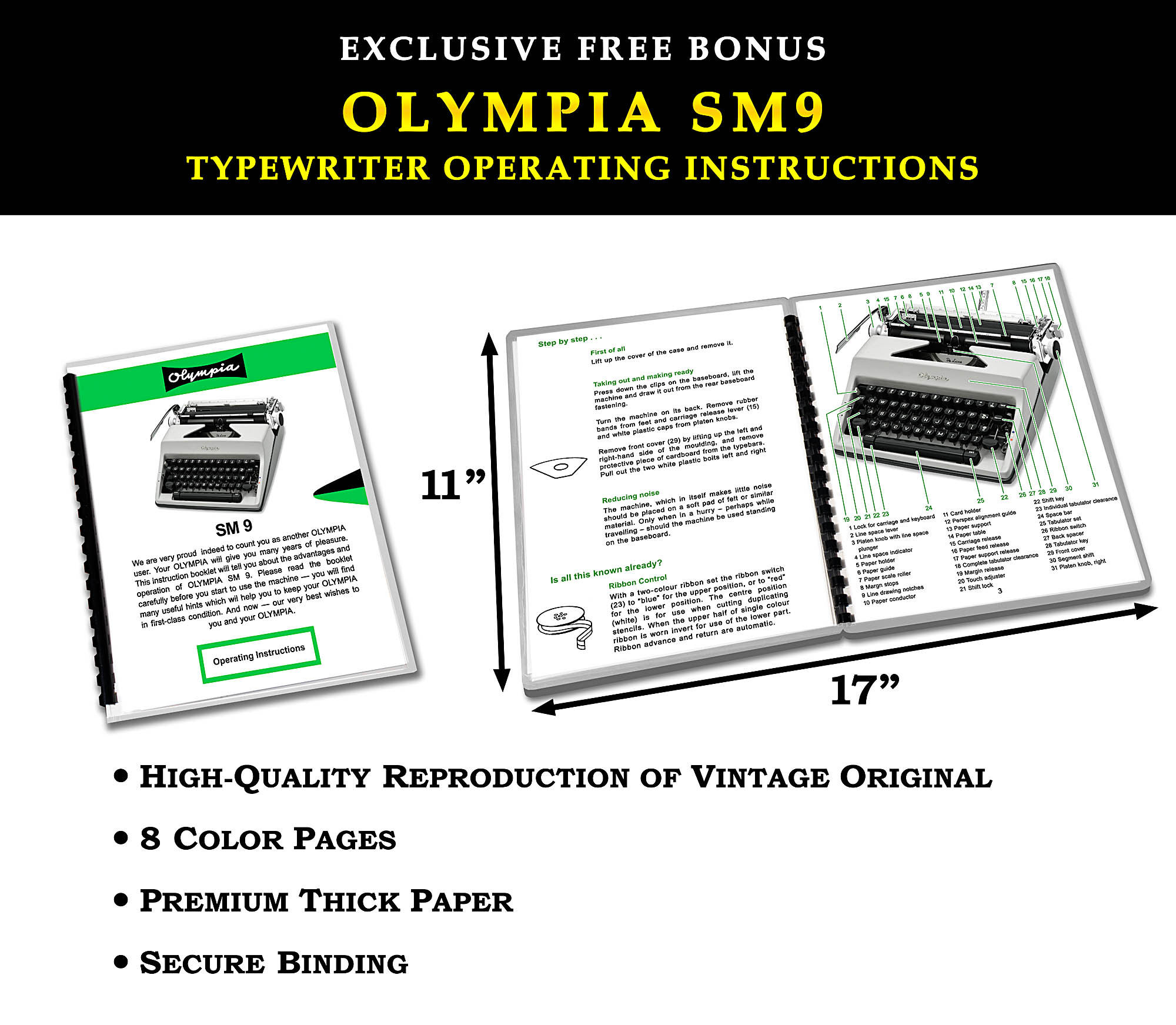 Product advertisement collage for the Olympia SM9 typewriter: bold black-and-yellow title and two opened instruction booklets with diagrams and text inside the pages.