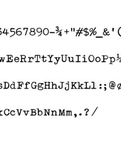 Font specimen displaying uppercase and lowercase letters, digits, and punctuation across four lines in a stylized font.