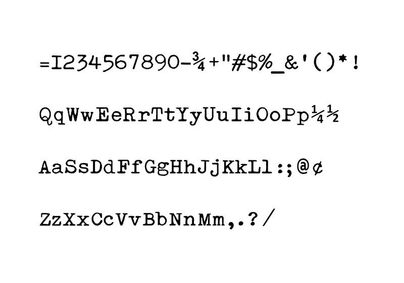 Font specimen displaying uppercase and lowercase letters, digits, and punctuation across four lines in a stylized font.