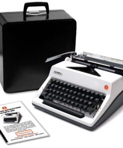 Old Olympia typewriter with a black carrying case and scattered instruction manuals on a white background (informative image).