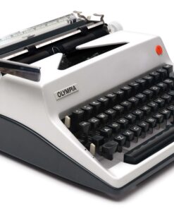 Vintage Olympia typewriter viewed from front-left, showing white body, black keys, and red reset button.