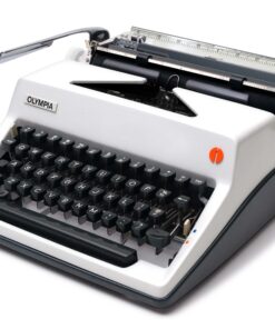 Vintage Olympia typewriter with black keyboard keys on a white body and a metal carriage visible on top.