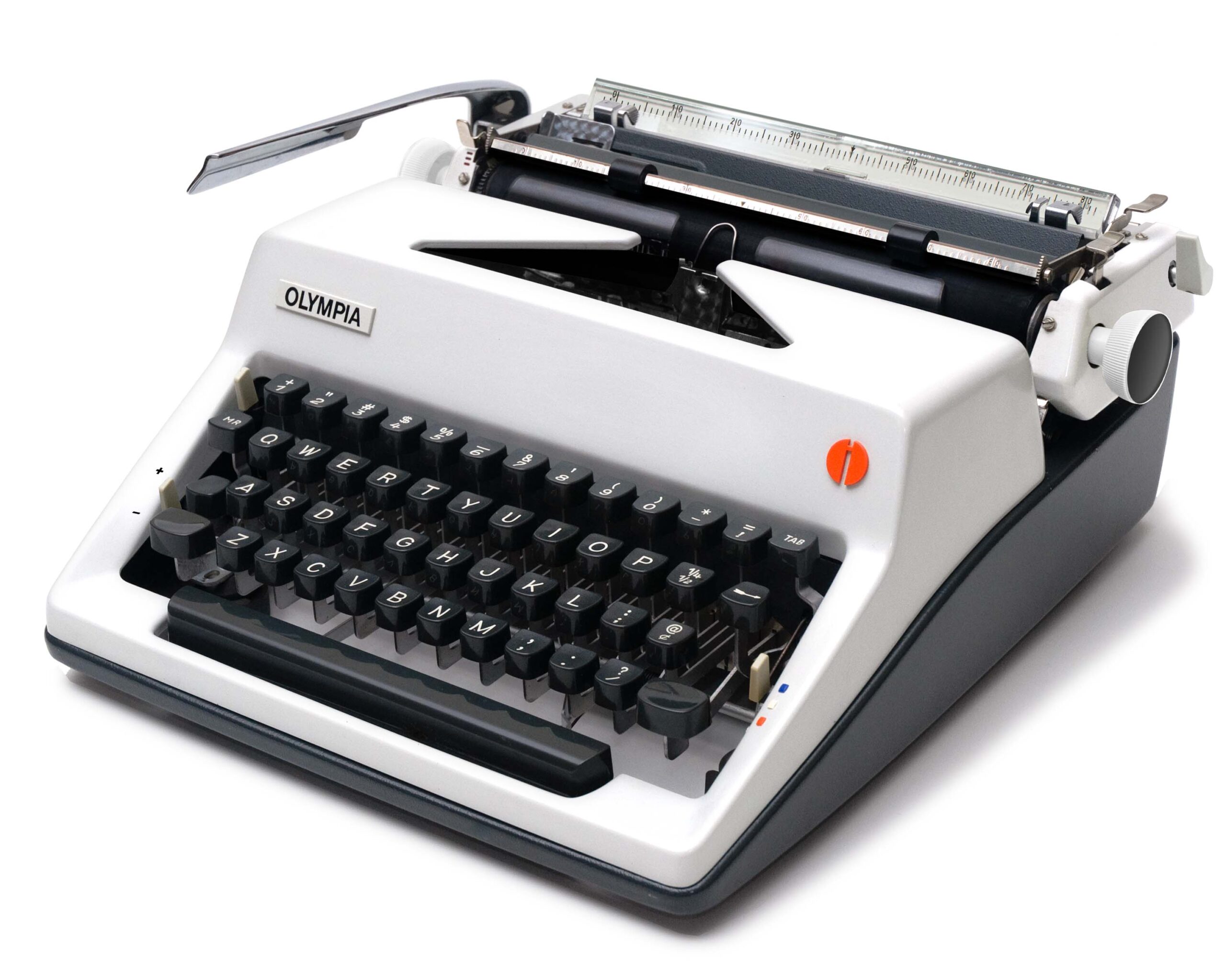 Vintage Olympia typewriter with black keyboard keys on a white body and a metal carriage visible on top.