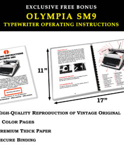 Open Olympus SM9 typewriter instruction manuals with diagrams and bold header text (advertisement).