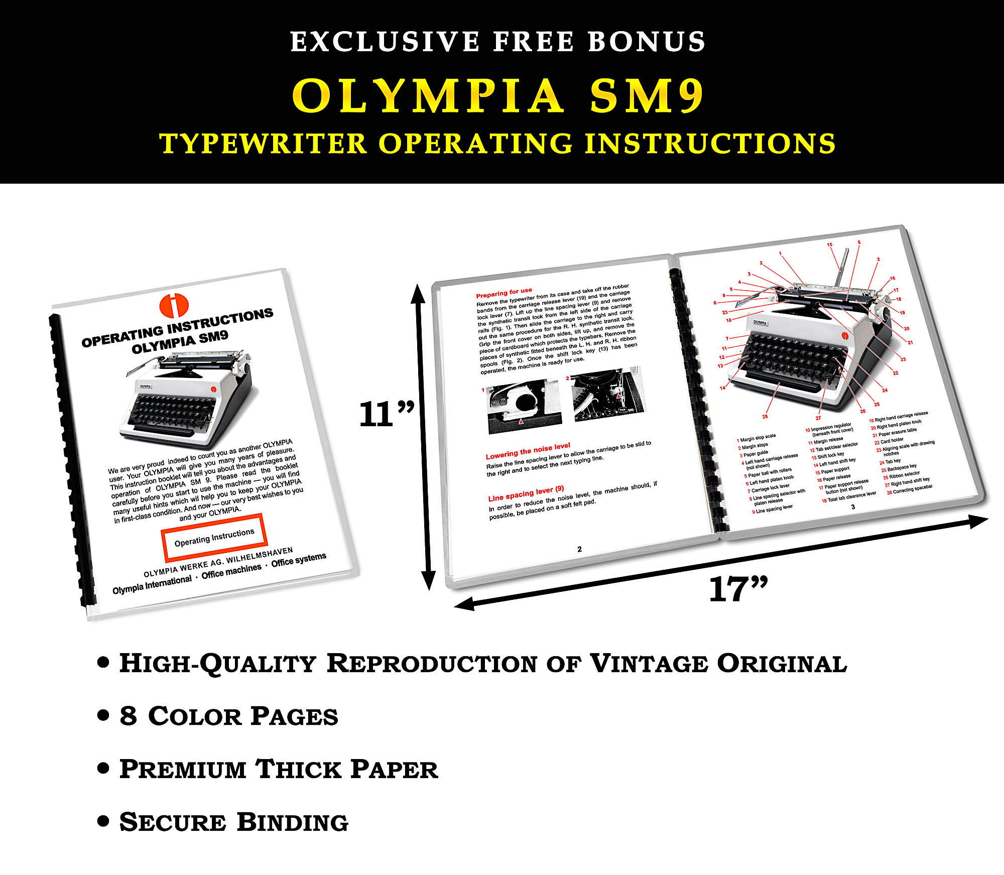 Open Olympus SM9 typewriter instruction manuals with diagrams and bold header text (advertisement).