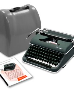 Vintage Olympia manual typewriter with a gray carrying case nearby and instruction sheets beside it.
