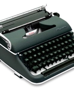 Close-up of a vintage Olympia typewriter with a green body and black round keys on a white background, showing the carriage and typebars