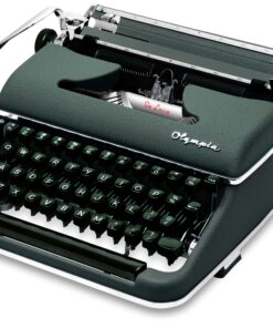 Vintage Olympia De Luxe typewriter with green body and black keys, close-up view.