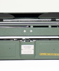 Green vintage Olympia typewriter shown from the side, with metal keys and carriage visible on top