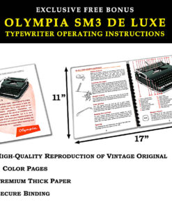 Advertisement showing Olympia SM3 De Luxe instruction manual spread; three open pages, 11x17 inch layout with bold typography at top; features listed below.