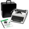 Vintage Olympia typewriter with a black carrying case and instruction manuals nearby.