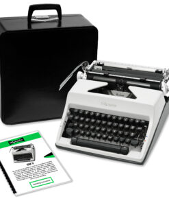 Vintage Olympia typewriter with a black carrying case and instruction manuals nearby.