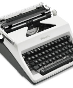 Top-down view of a vintage typewriter with a gray body and black round keys, showing the platen and type bars.