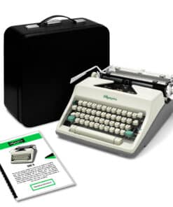 Vintage Olympia typewriter with a black carrying case, keys exposed and paper guides nearby.