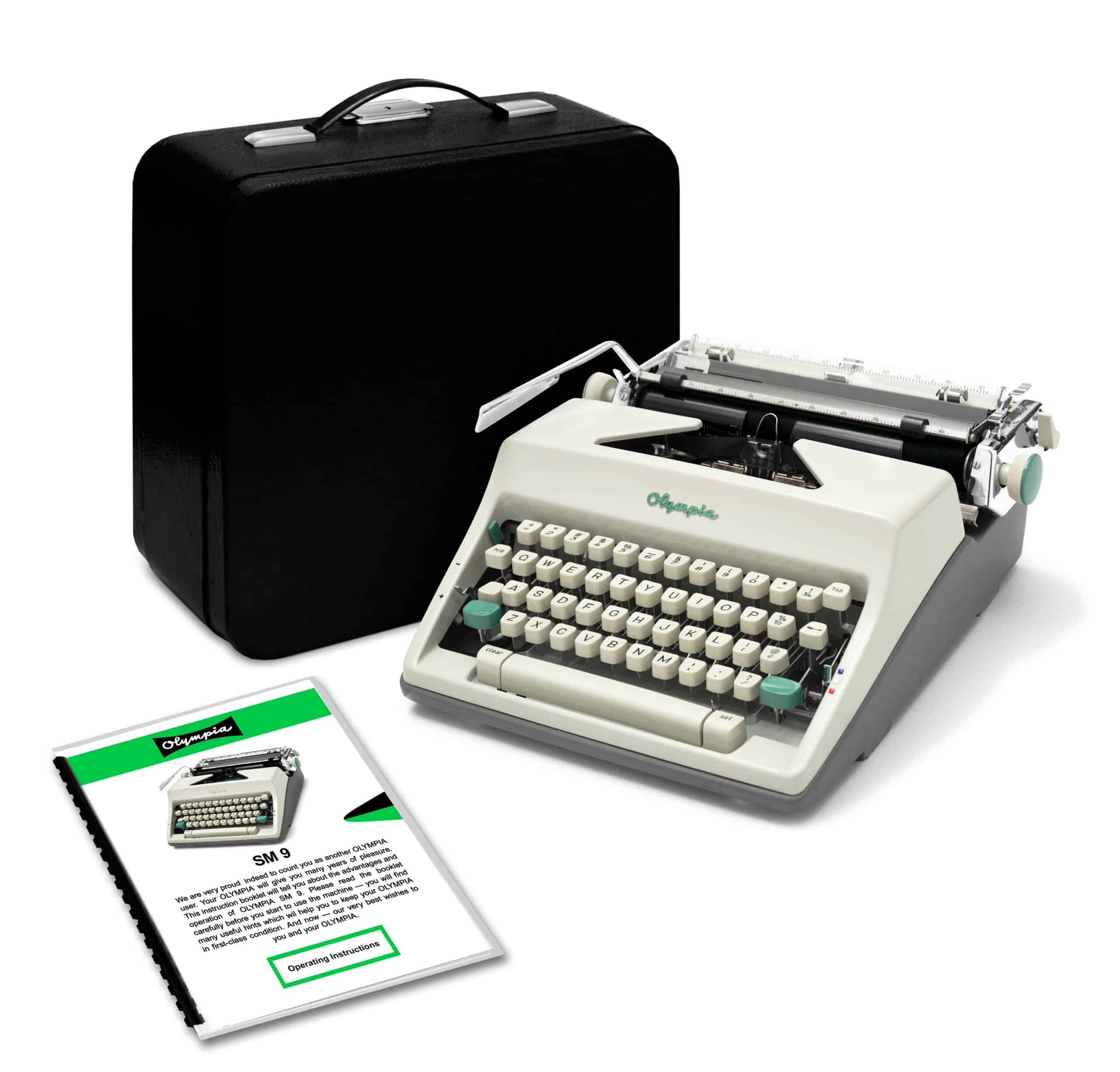 Vintage Olympia typewriter with a black carrying case, keys exposed and paper guides nearby.