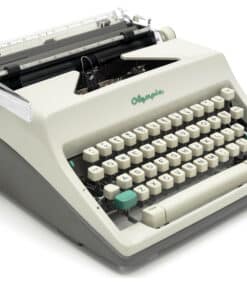 Vintage Olympia typewriter with a cream body and beige keys on a white background