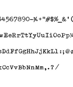 Font sample showing numbers 0–9, uppercase and lowercase letters, and common punctuation in a bold, distressed style.