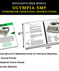 Advertisement promoting Olympus SM9 typewriter instruction manual set, showing two vintage manuals with diagrams and a feature list.