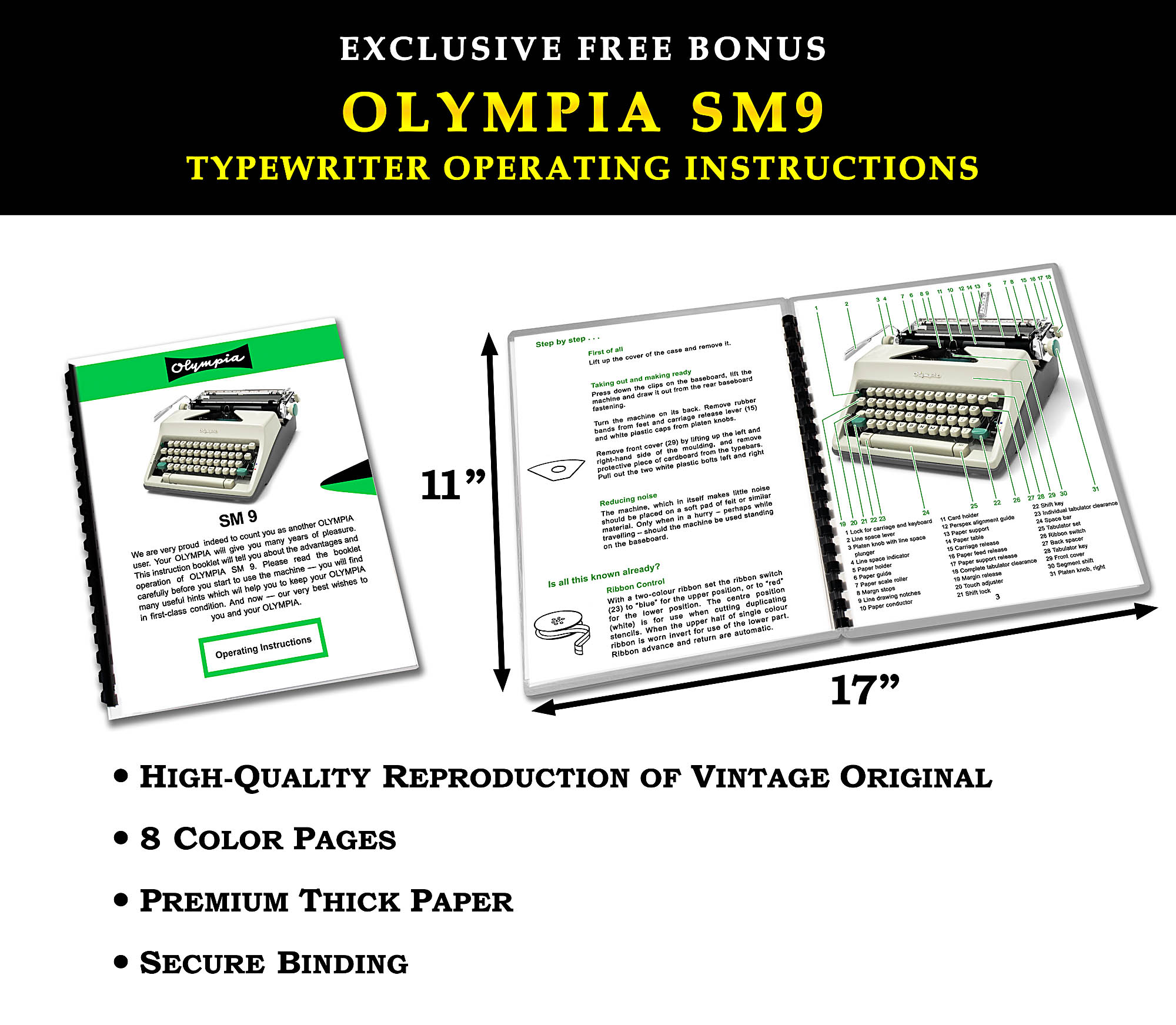 Advertisement promoting Olympus SM9 typewriter instruction manual set, showing two vintage manuals with diagrams and a feature list.