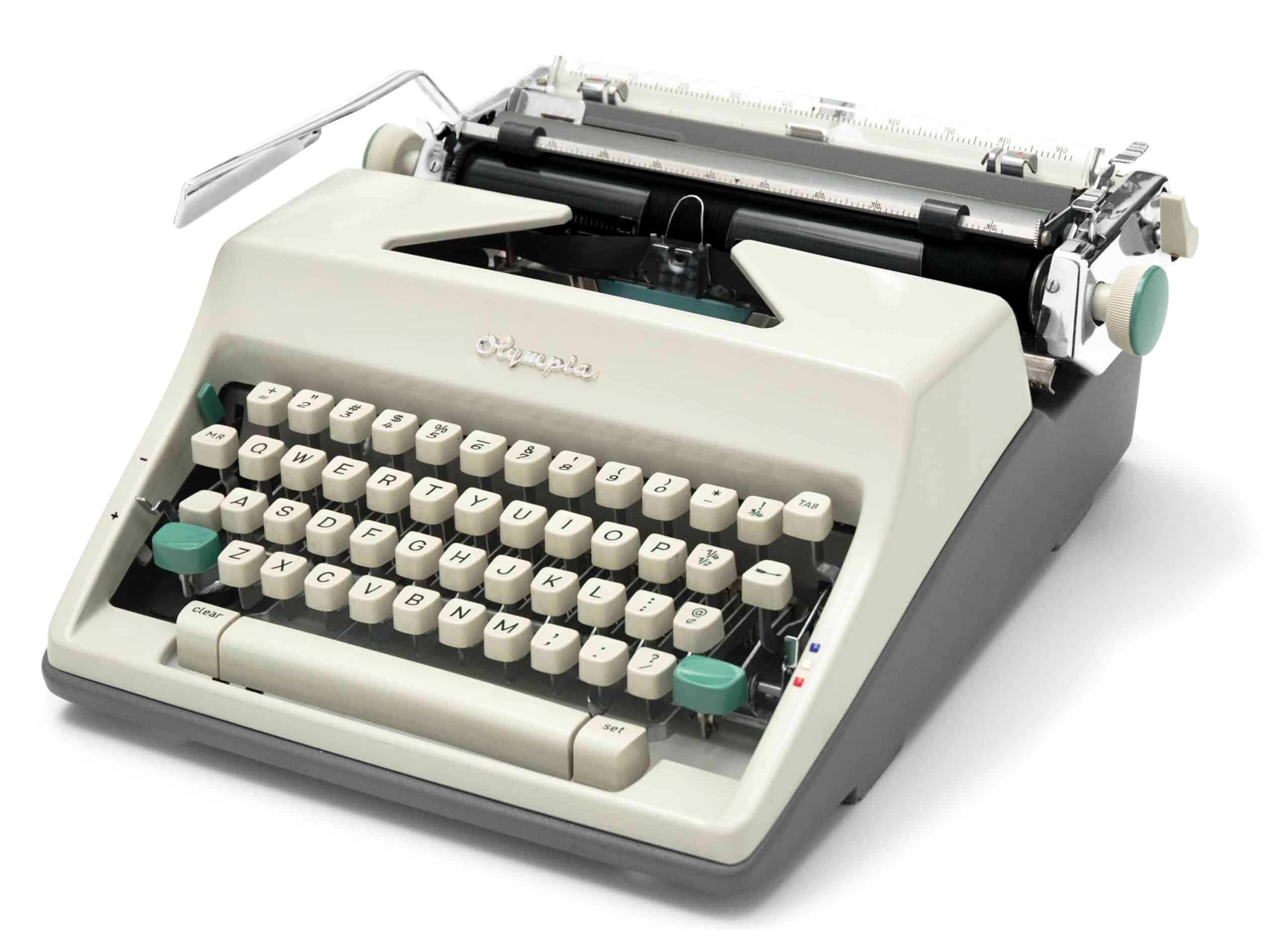 Vintage Olympia typewriter with cream body, white keys, and teal accent keys on a white background.