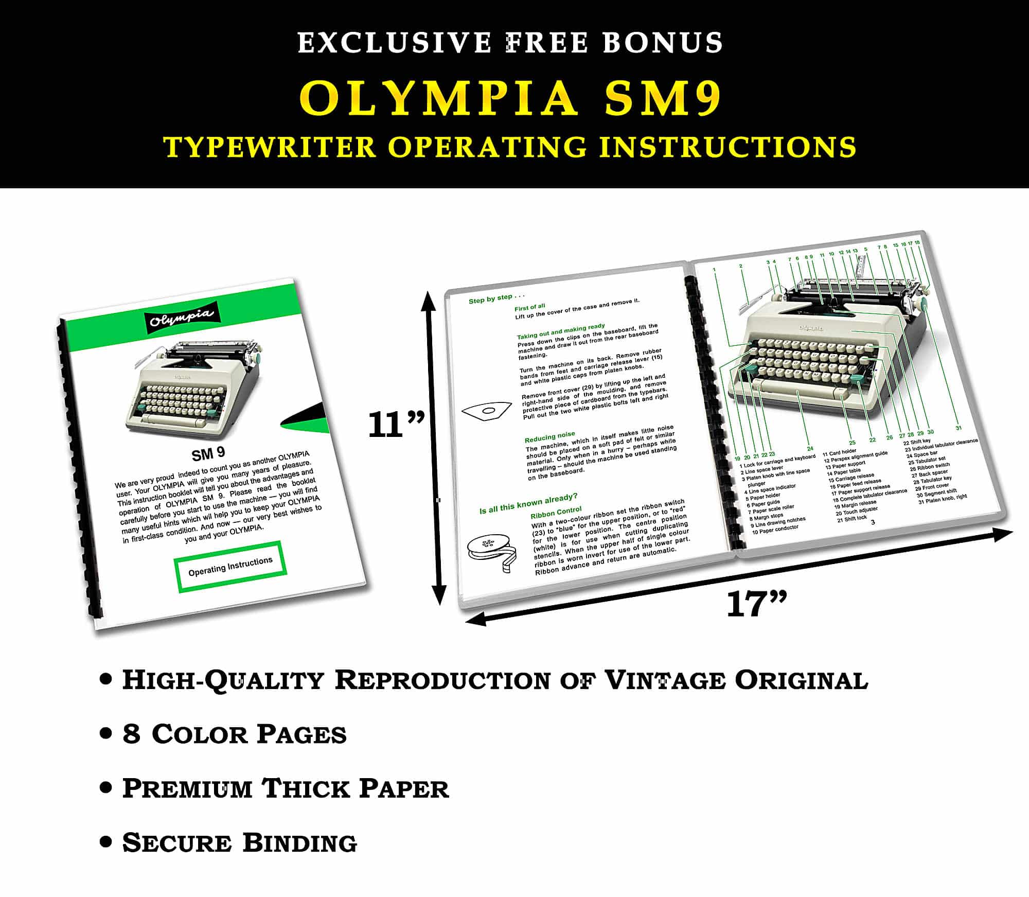 Olympia SM9 instruction booklets with diagrams and a typewriter image, showing 11" and 17" dimensions in a promotional layout.