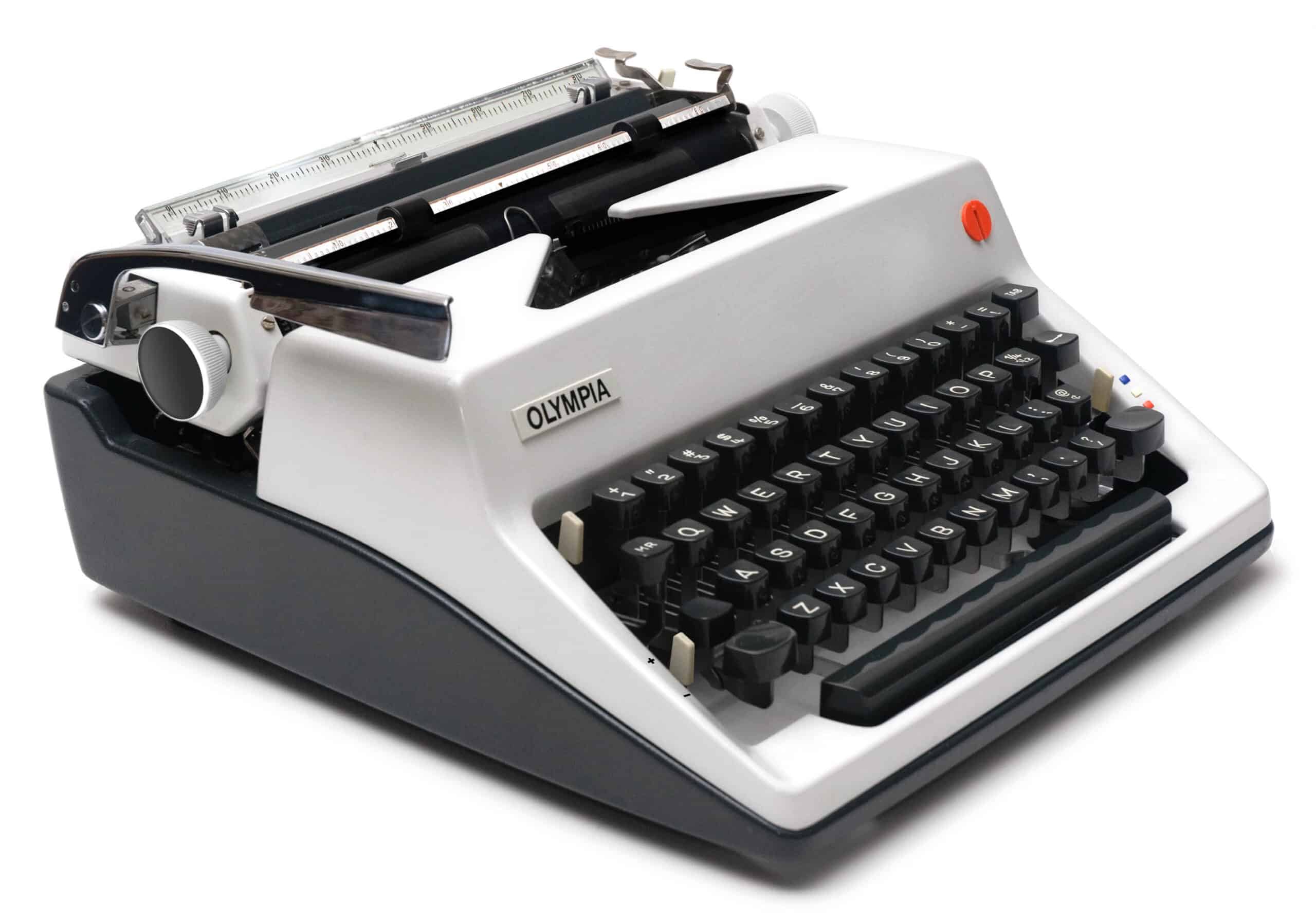 Vintage Olympia typewriter with a full QWERTY keyboard and metallic carriage against a white background.