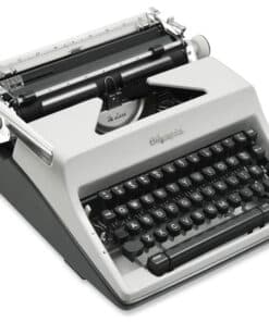 Close-up of a vintage gray typewriter, showing the carriage, typebars, and black round keys with white letters.