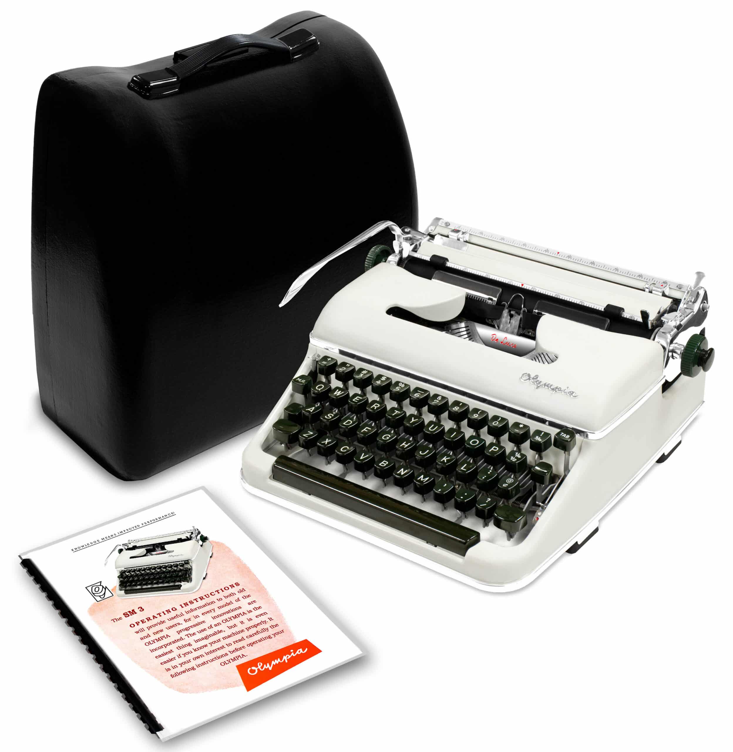 Vintage Olympia typewriter with black carrying case and instruction booklets on a white background