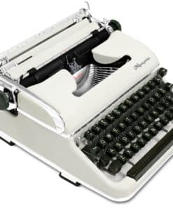 Close-up of a vintage typewriter, showing its carriage, typebars, and a full row of black keys.