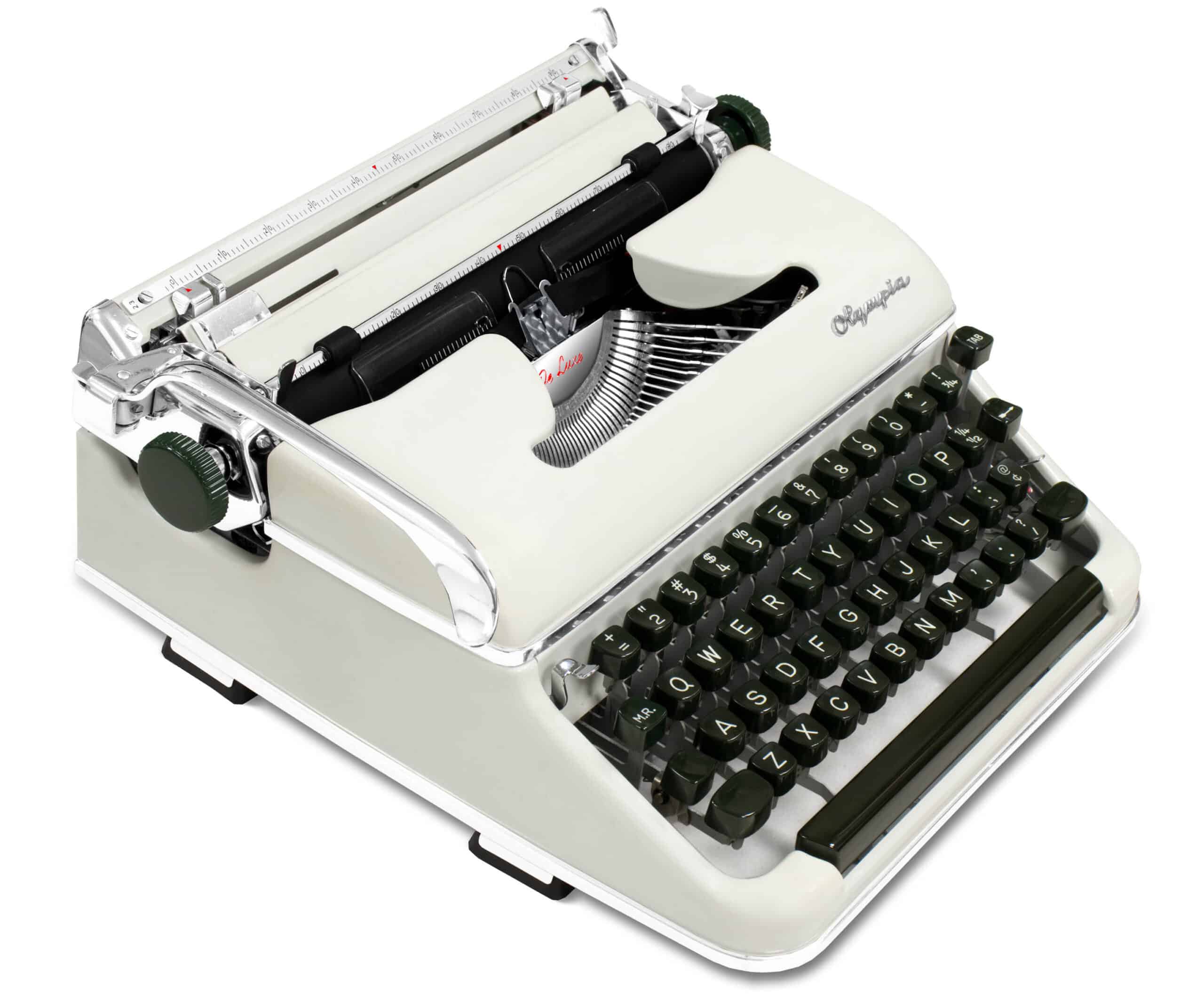 Close-up of a vintage typewriter, showing its carriage, typebars, and a full row of black keys.