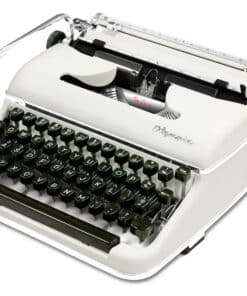 Top-down view of a vintage beige typewriter showing the keyboard, carriage, and typebars with black keys and chrome accents.