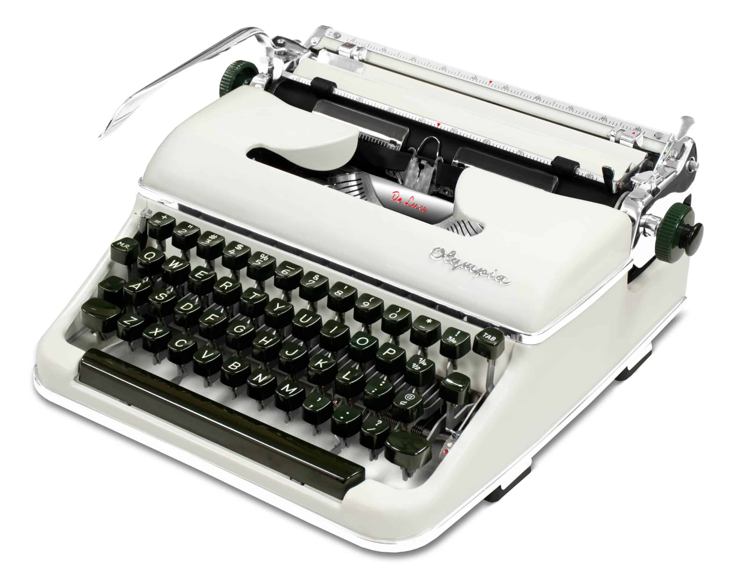 Top-down view of a vintage beige typewriter showing the keyboard, carriage, and typebars with black keys and chrome accents.