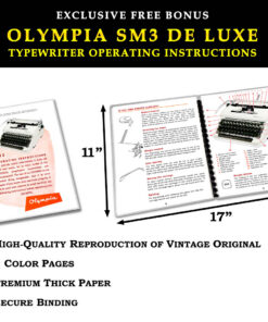 Promotional ad for Olympia SM3 De Luxe typewriter instructions, showing two open manuals with 11" and 17" measurements and feature bullets about reproduction quality and paper.