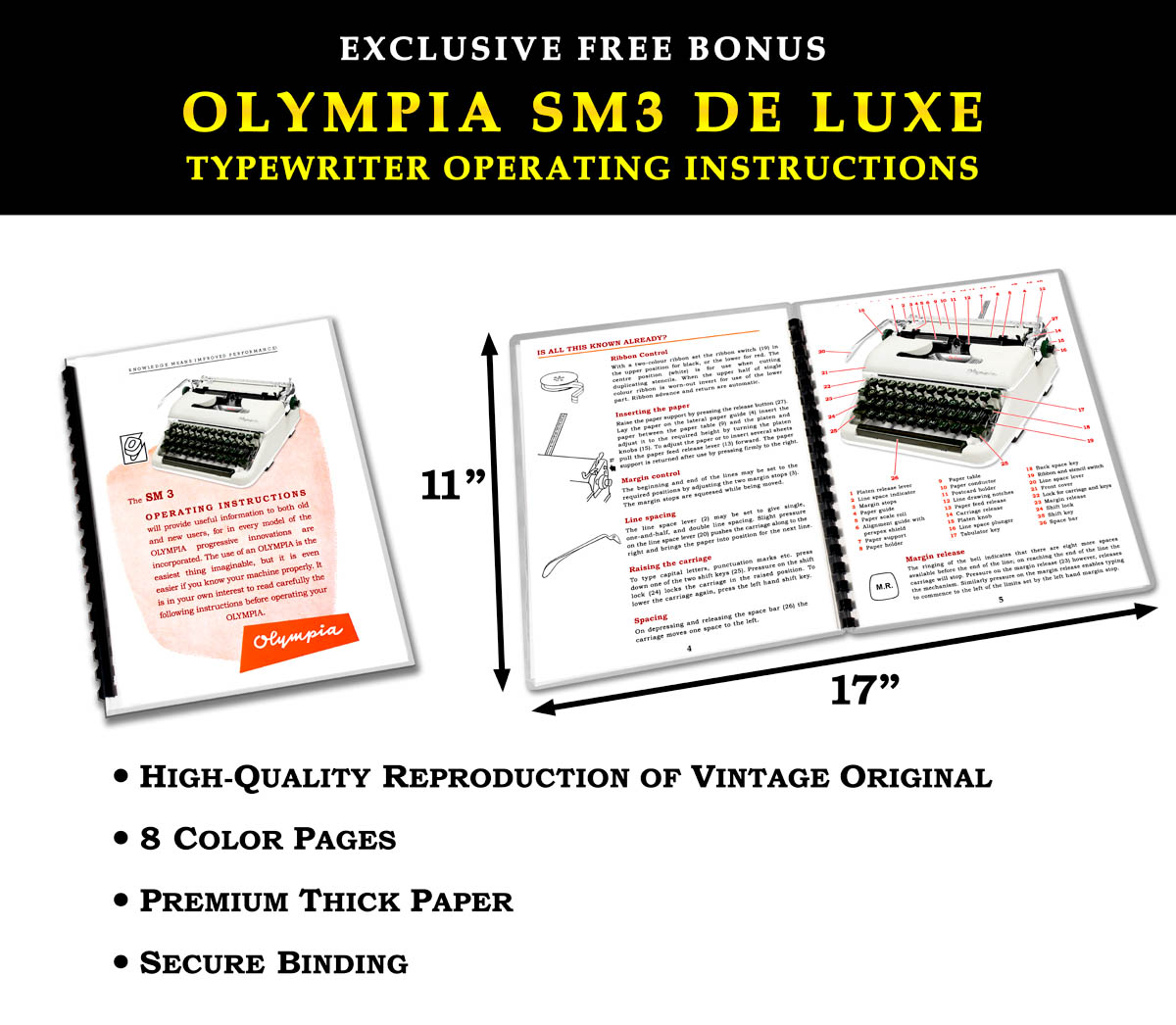 Promotional ad for Olympia SM3 De Luxe typewriter instructions, showing two open manuals with 11" and 17" measurements and feature bullets about reproduction quality and paper.